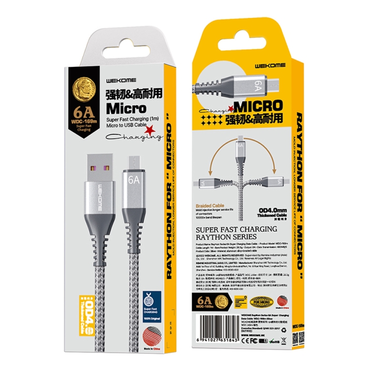 Cáp sạc nhanh 6A Wekome WDC-169m usb ra samsung micro dây dù chính hãng [BH 1 năm]