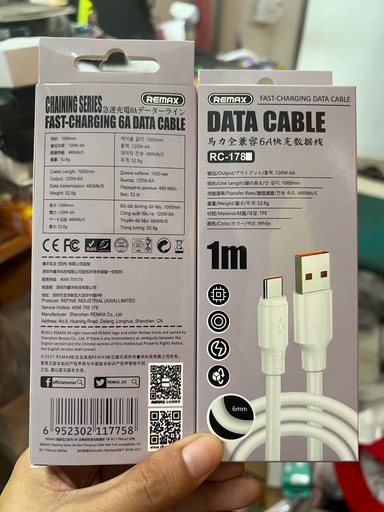 Cáp sạc nhanh iPhone 6A 120w mập REMAX RC-178 1m usb ra iphone lightning [BH 1 tháng]