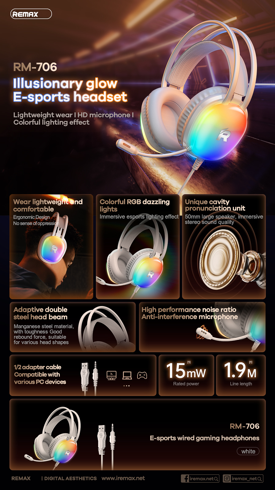 Tai nghe 3.5 headphone REMAX RM-706 mẫu chụp tai kiêm micro cho game thủ kèm đèn led siêu đẹp [BH 1 Năm]