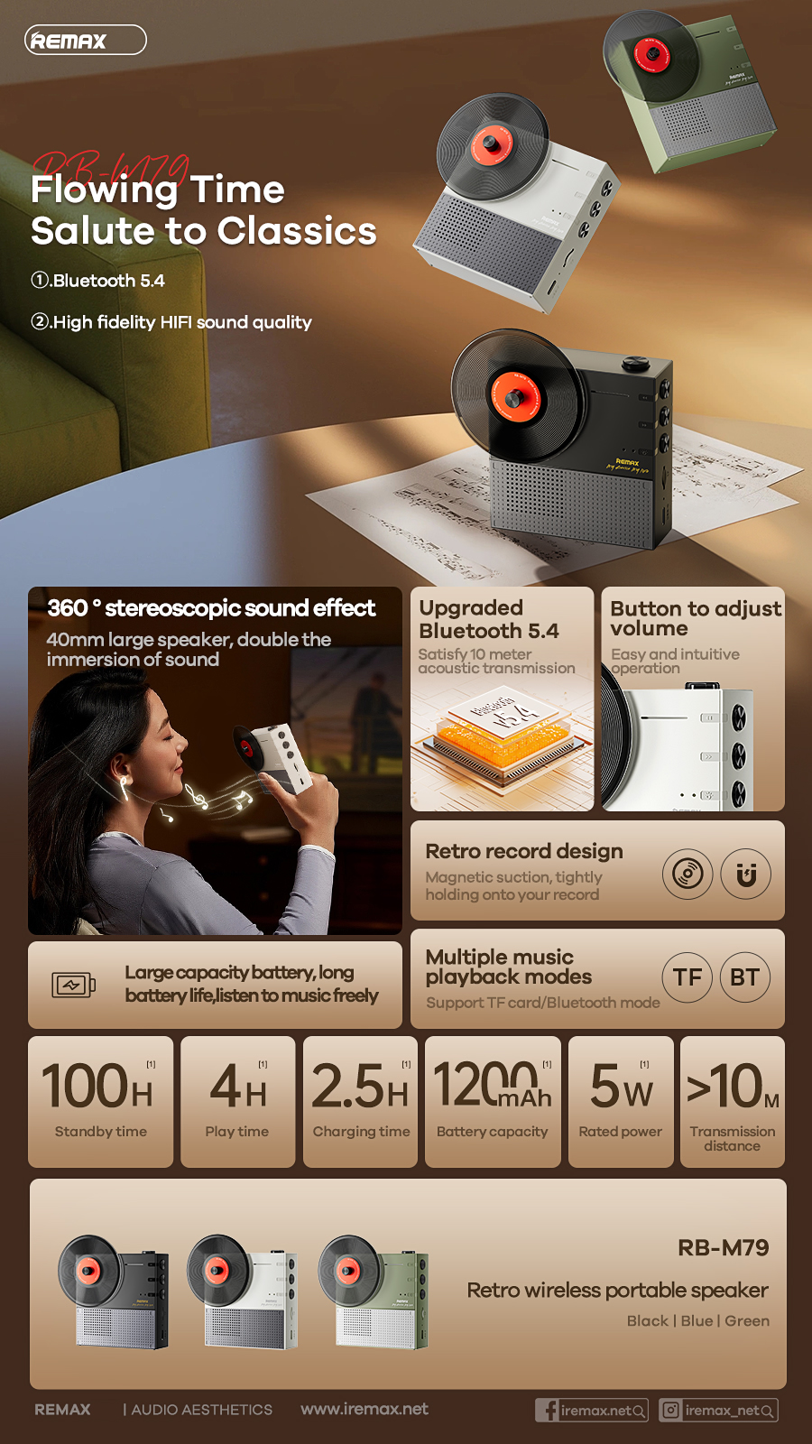 Loa bluetooth REMAX RM-79 mẫu loa Radio cổ điển siêu đẹp công suất 5W kèm pin 1200mAh [BH 1 Năm]