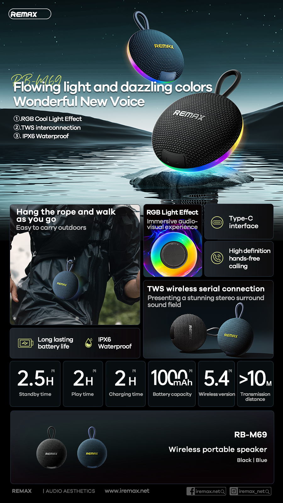 Loa bluetooth REMAX RM-M69 mẫu nhỏ gọn chống nước có móc treo siêu tiện lợi [BH 1 Năm]