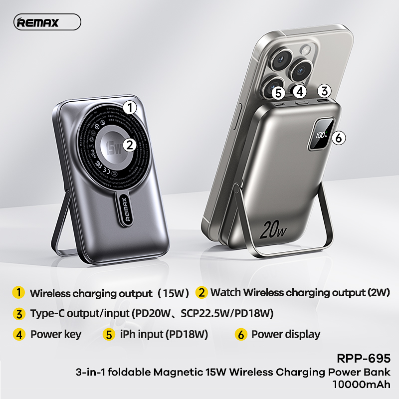 Pin sạc nhanh 22.5w không dây REMAX RPP-695 Magnetic 10.000mAh dự phòng QC3.0+PD 22.5W chính hãng [BH 1 năm]