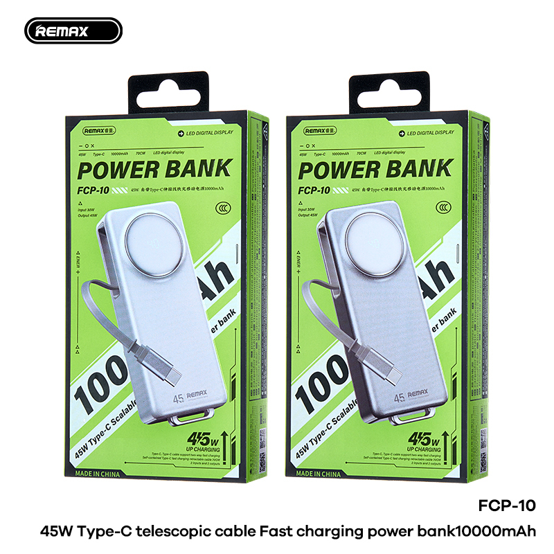 Pin sạc nhanh 45w REMAX FCP-10 10.000mAh dự phòng kèm cáp sạc liền pin chính hãng [BH 1 Năm]