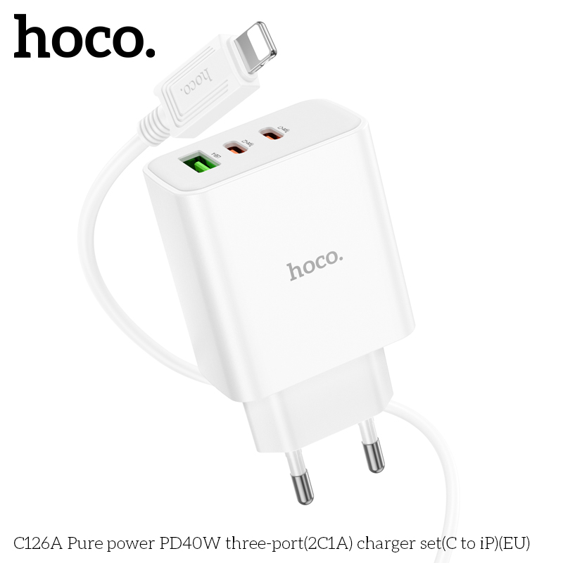 Bộ sạc nhanh 40w HOCO C126A (C-L) (cóc 1 cổng usb QC3.0 vs 2 cổng type-c PD) 3 cổng 2C1A kèm cáp cổng Type C ra iPhone Lightning chính hãng [BH: 1 NĂM]