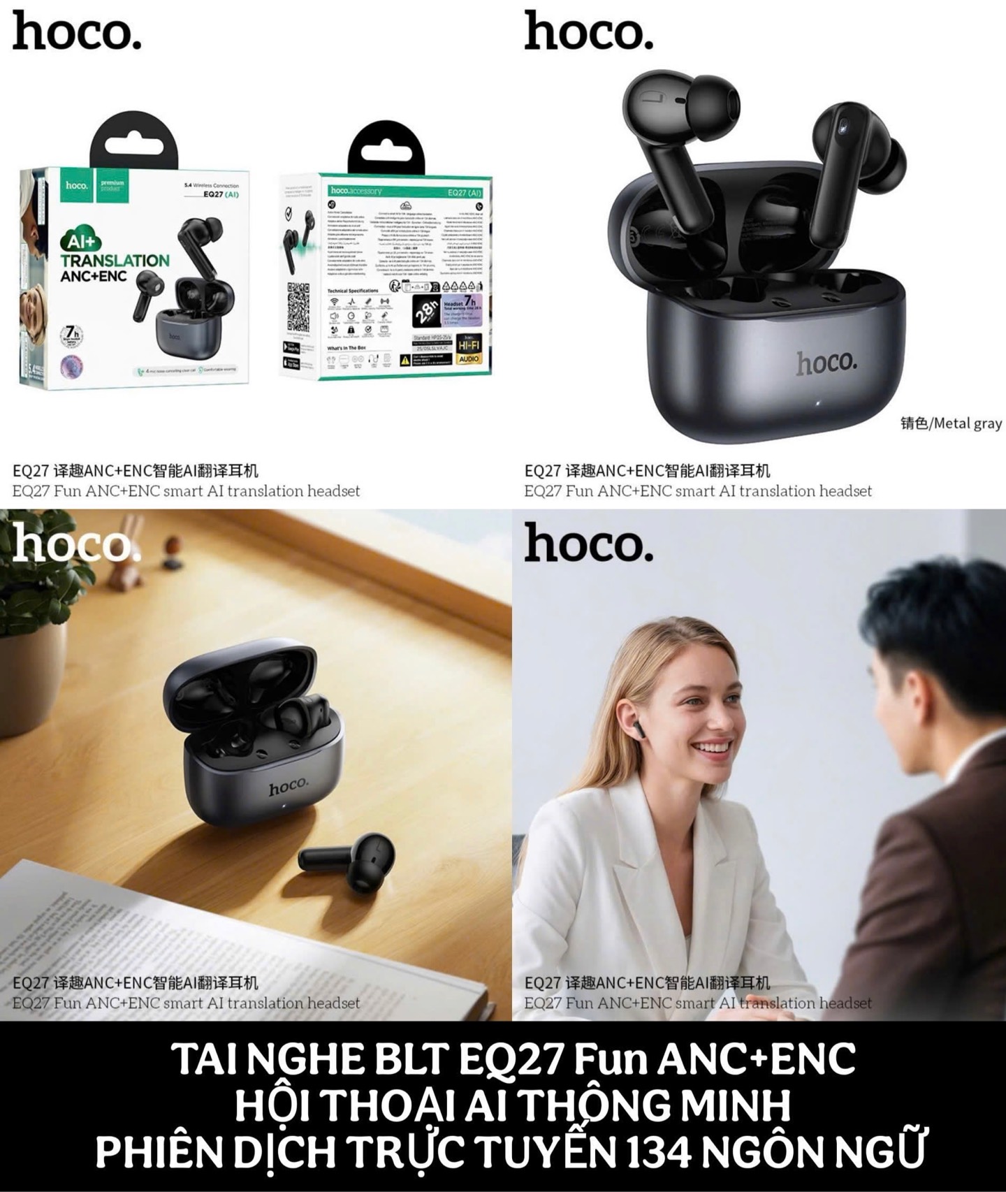 Tai nghe Bluetooth Hoco EQ27 FUN ANC+ENC phiên dịch 134 ngôn ngữ