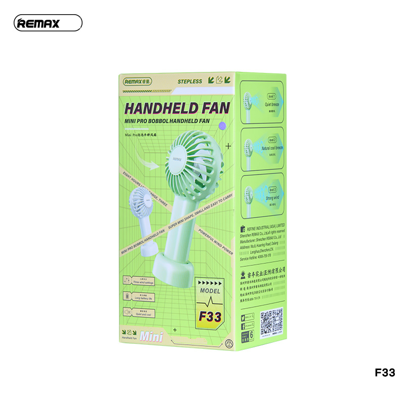 Quạt cầm tay REMAX F33 3 tốc độ gió kiêm để bàn pin 1200mAh siêu trâu [BH 1 Năm]