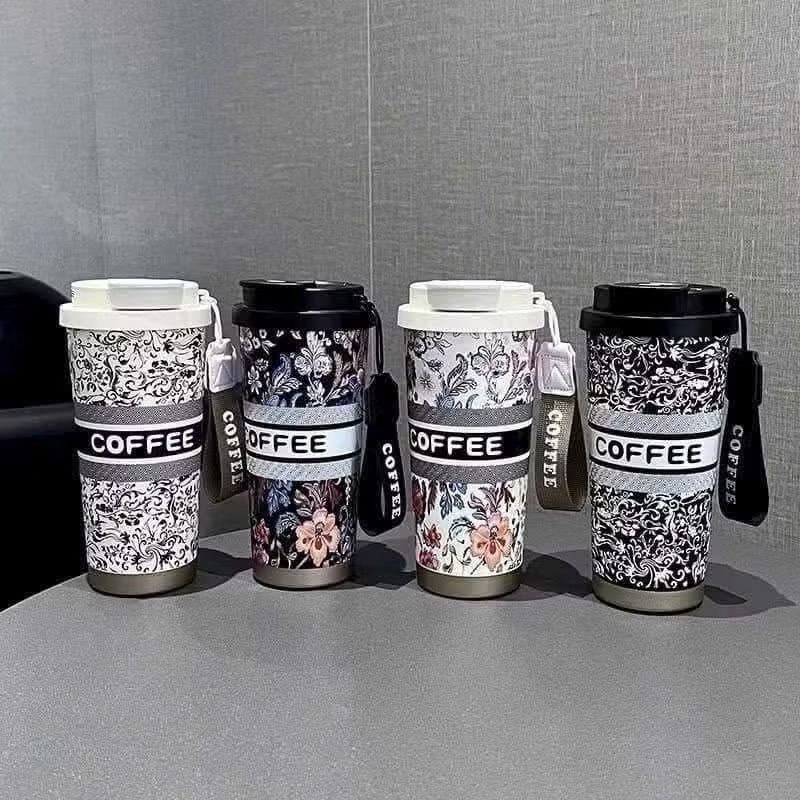 Ly giữ nhiệt họa tiết hoa văn Coffee 500ml-520ml cóc quai treo [BH: NONE]