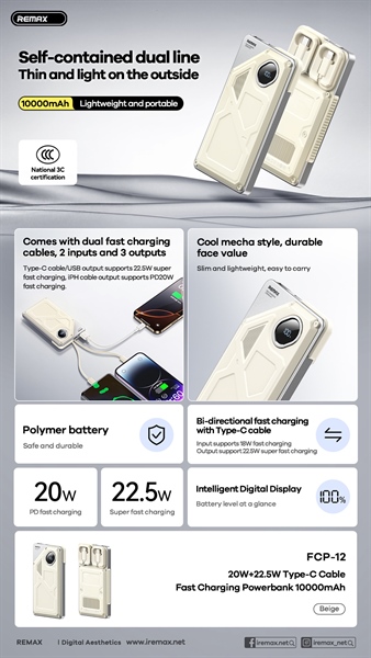 Pin sạc nhanh 22.5w REMAX FCP-12 10.000mAh dự phòng kèm cáp liền pin chính hãng [BH 1 năm]