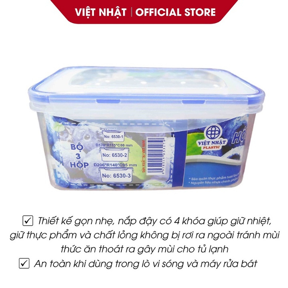 Combo 3 hộp nhựa VN-6530 cao cấp xịn đựng thực phẩm kín nắp để tủ lạnh 3 kích cỡ [BH: NONE]
