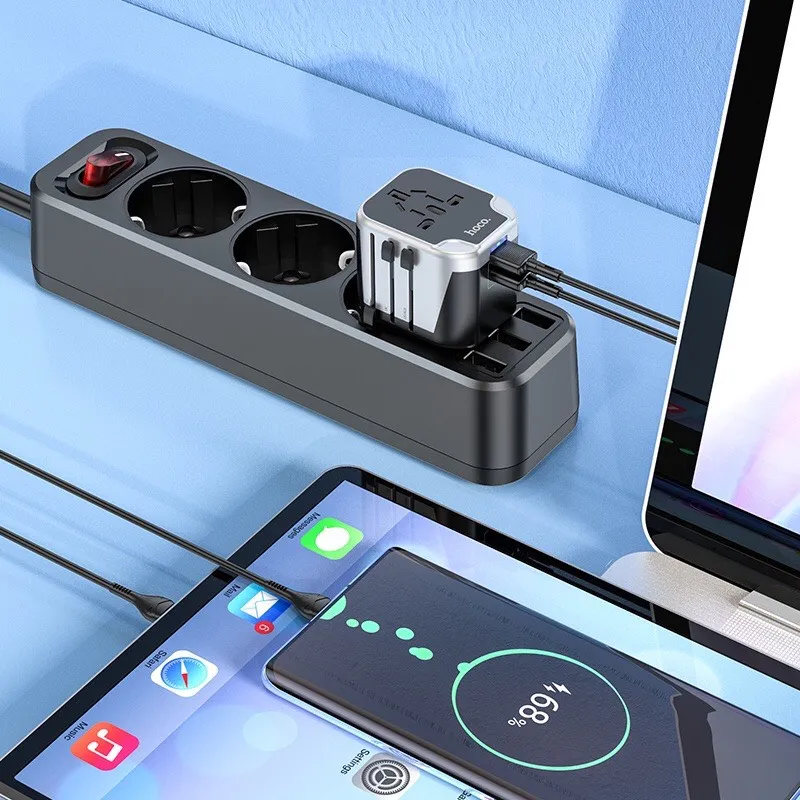 Cóc sạc nhanh 20w, ổ cắm điện du lịch HOCO AC15 Walker (1 cổng type-c, 2 cổng usb) EU / US / UK / AU chính hãng [BH 1 năm]