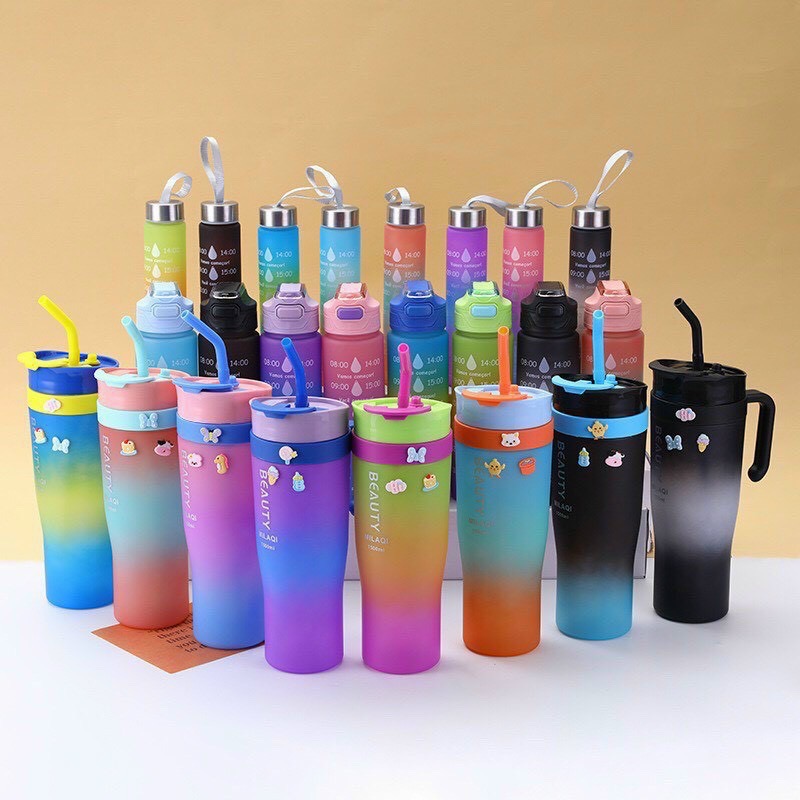 Set 3 món đựng nước Đa sắc (1 Ly có tay cầm, 1 Bình quai đeo, 1 bình detox móc treo) / pktn sale