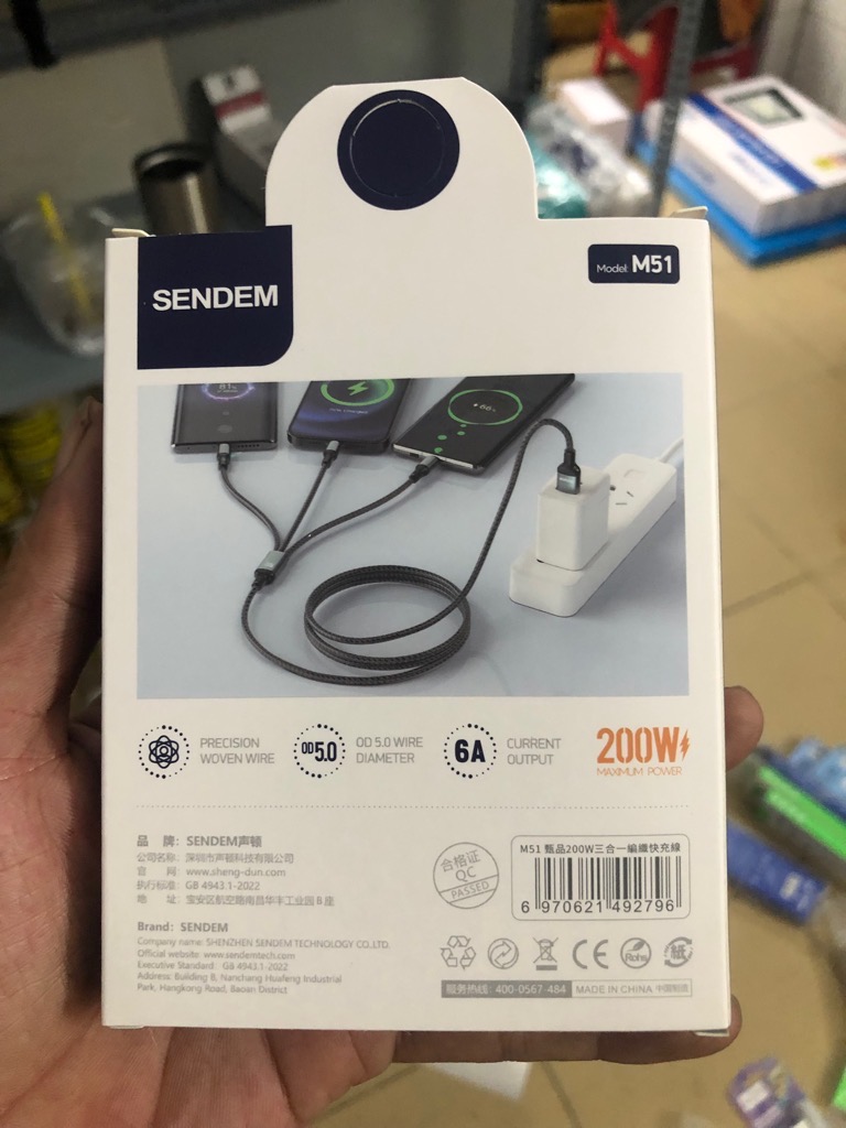 Cáp sạc nhanh 200w Sendem M51 3 đầu 6A đa năng Weave 1.2m chính hãng [BH 6 tháng]