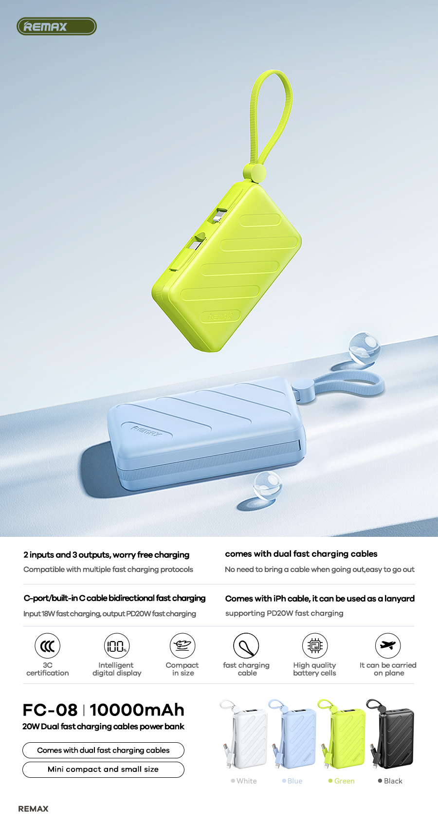 Pin sạc dự phòng REMAX FC-08 10.000mAh sạc nhanh 20w pin có màn hình LCD kèm cáp sạc liền pin chính hãng [BH 1 Năm]