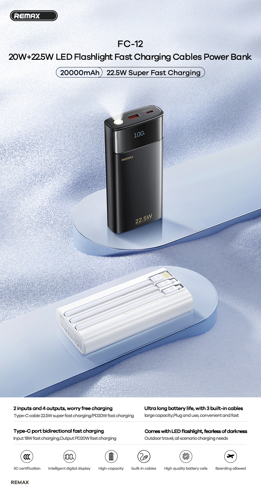 Pin sạc dự phòng REMAX FC-22 20.000mAh sạc nhanh 100w tích hợp cáp dài 70cm siêu tiện lợi