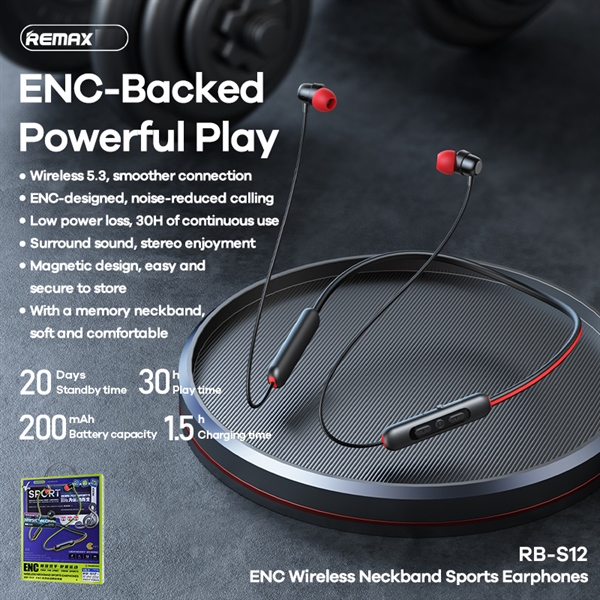 Tai nghe bluetooth REMAX RB-S12 ENC V5.3 thể thao choàng cổ chính hãng [BH 1 năm]