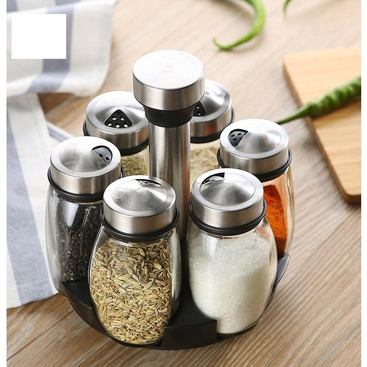 Lọ đựng gia vị bằng thủy tinh ( sec 6 lọ ) xoay 360 độ