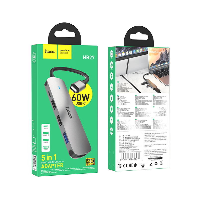 JACK CHUYỂN HOCO HB27 BỘ CHUYỂN TYPE C RA HDMI HDTV + USB3.0 + USB2.0*2 + PD TYPE C RA HDTV + USB3.0 + USB2.0*2 + PD