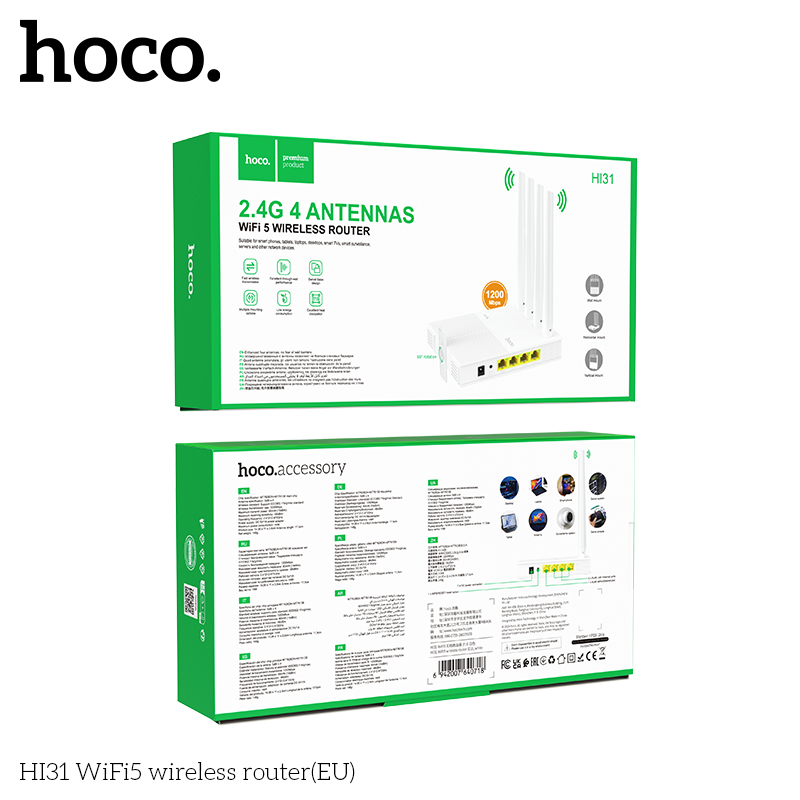 Bộ định tuyến không dây Router HOCO HI31 2.4G tốc độ 1200Gbps WIFI5 chân EU chính hãng [Bh 1 Năm]