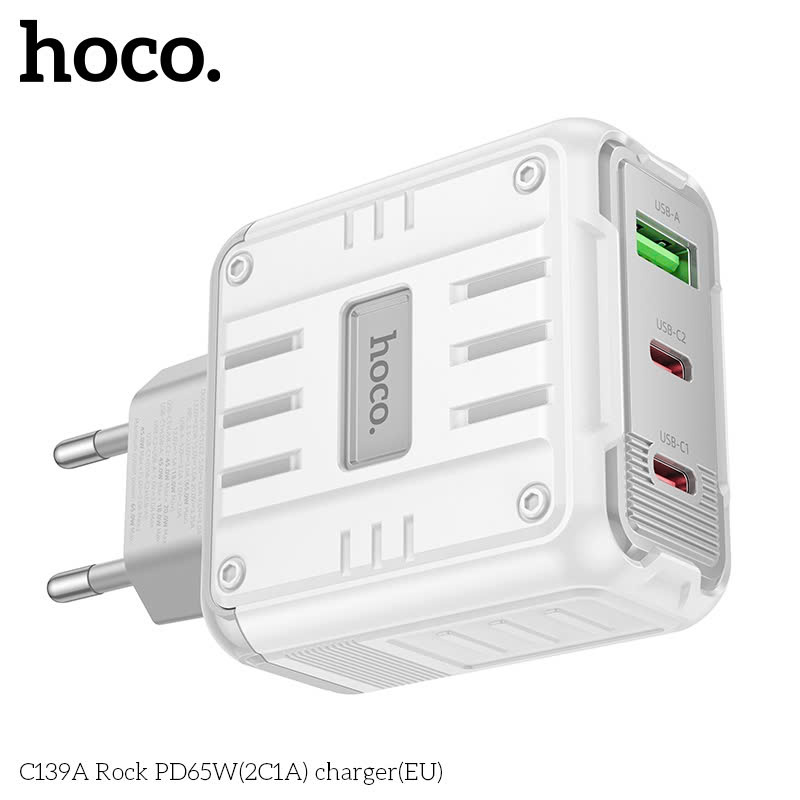 Bộ sạc nhanh 65w HOCO C139A (C-C) Rock (Cóc 2C 1U: 2 cổng type-c PD vs 1 cổng usb QC3.0) (Cáp 2 đầu Type C ra Type-C) chính hãng [BH 1 năm]