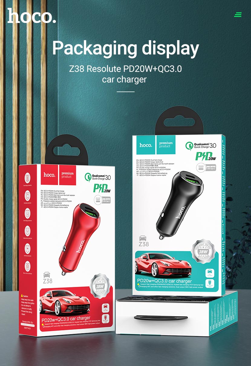 Cóc sạc nhanh 20w xe hơi HOCO Z38 (1 cổng Type-C PD vs 1 cổng usb QC3.0) tẩu ô tô chính hãng [BH 1 năm]