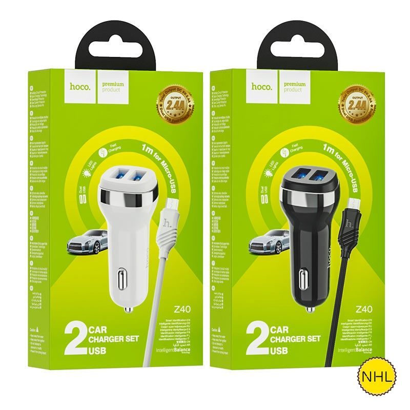 Tẩu sạc nhanh 2.4A Hoco Z40 Micro tẩu 2 cổng sạc usb có led kèm theo cáp micro chính hãng [BH 1 Năm]