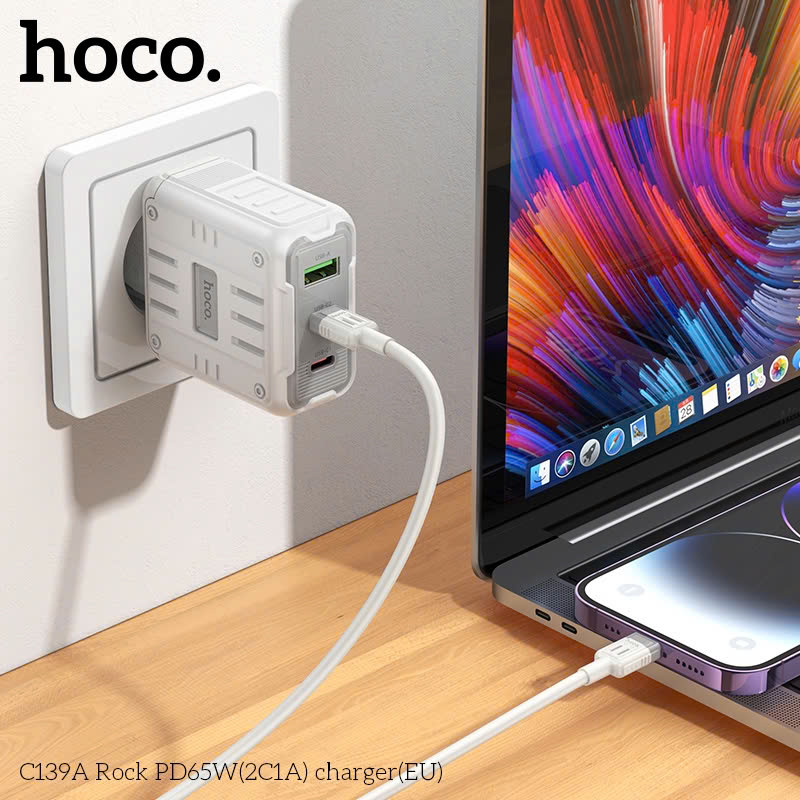 Bộ sạc nhanh 65w HOCO C139A (C-L) Rock (Cóc 2C 1U: 2 cổng type-c PD vs 1 cổng usb QC3.0) (Cáp Type C ra iPhone Lightning) chính hãng [BH 1 năm]