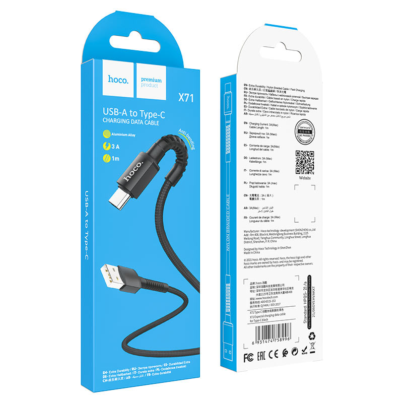 Cáp sạc nhanh dây dù HOCO X71 usb ra Type C 2.4A dài 1m chống đứt gãy chính hãng [BH 1 NĂM] / pktn sale