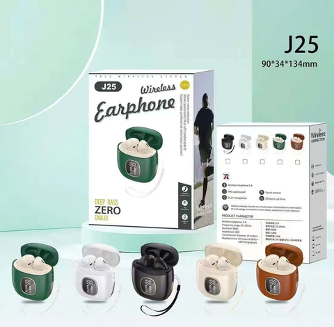 Tai nghe bluetooth Wirless Earphone J-25 kèm doc sạc có màn hình hiển thị, không nút cao su [BH: 6 tháng]