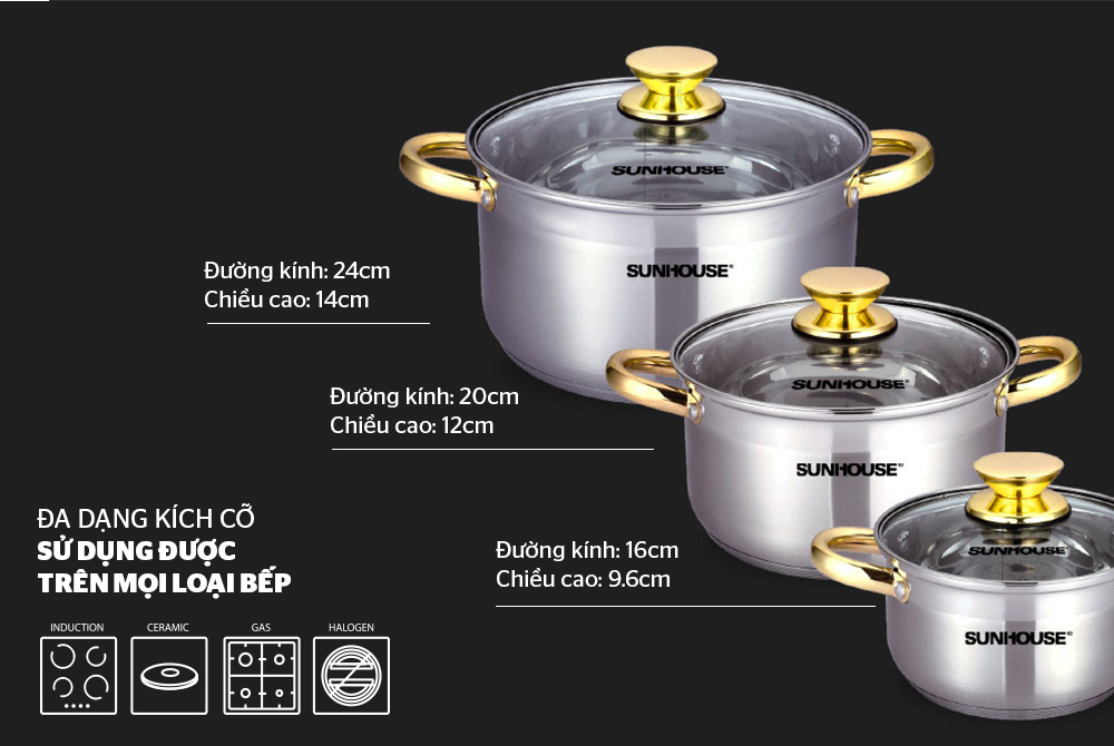 Nồi inox 5 đáy (bộ combo 3 cái) Sunhouse 781 cao cấp kèm nắp kính size 16 20 24 [BH: NONE]