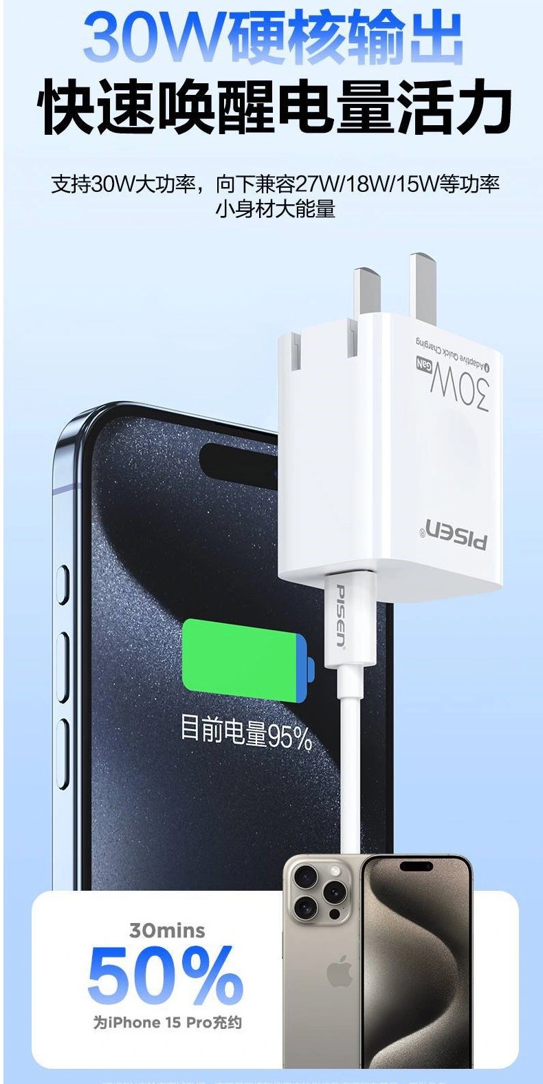 Bộ sạc nhanh GaN 30w CHÂN GẬP PISEN TS-C179 (c-l) kèm cáp pd type c ra iphone lightning 30w chính hãng [BH 6 tháng]