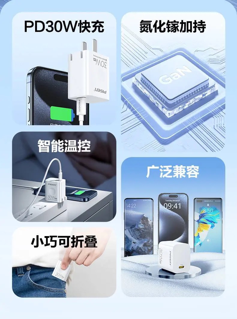 Bộ sạc nhanh GaN 30w CHÂN GẬP PISEN TS-C179 (c-l) kèm cáp pd type c ra iphone lightning 30w chính hãng [BH 6 tháng]