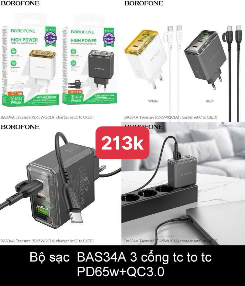 Bộ sạc nhanh PD65W+QC3.0 BOROFONE BAS34A C-C (cóc 3 cổng 2usb C+ 1usbA; Cáp type c ra type c 2 đầu type c)