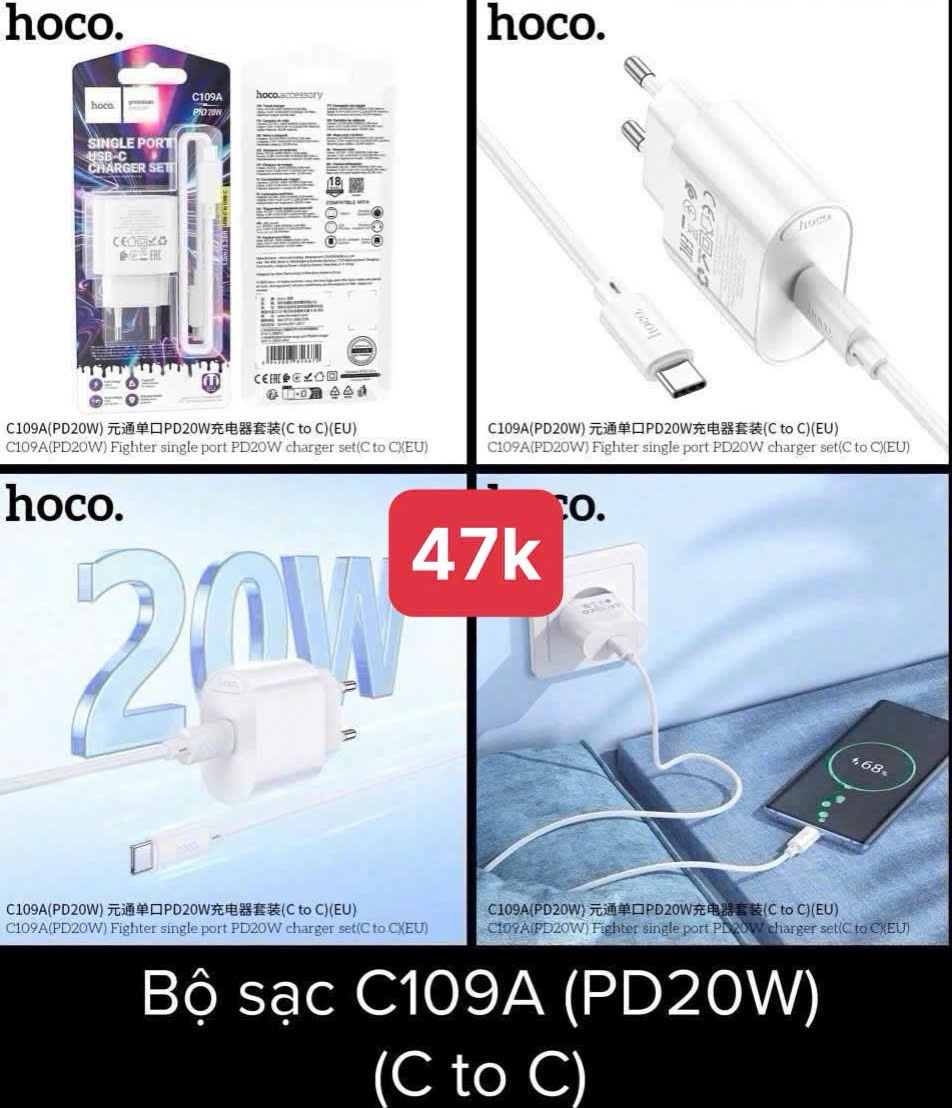 Bộ sạc nhanh PD20W HOCO C109A EU 1 CỔNG (CÓC 1 CỔNG TYPE C; CÁP 2 ĐẦU TYPE C; C-C)