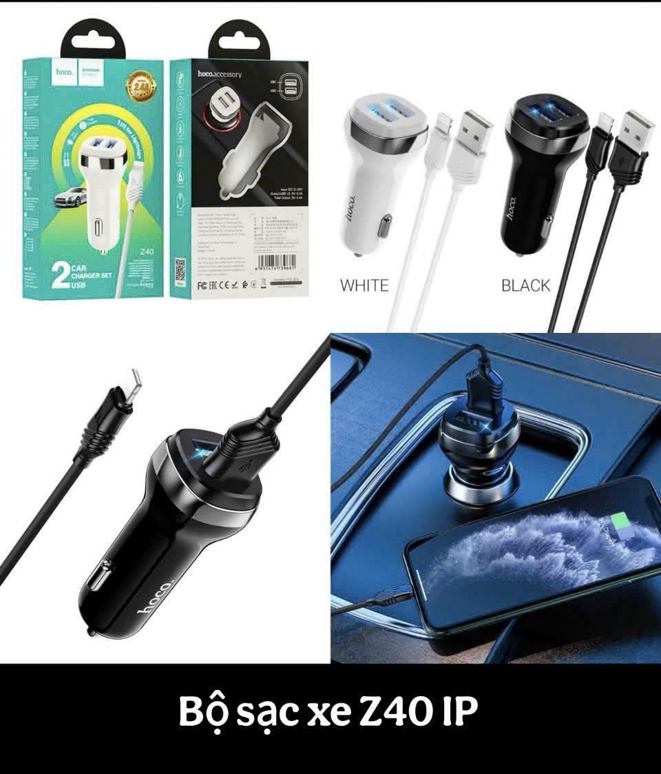 Tẩu sạc nhanh 2.4A Hoco Z40 iPhone tẩu 2 cổng sạc usb có led kèm theo cáp Lightning iPhone chính hãng [BH 1 tháng]]