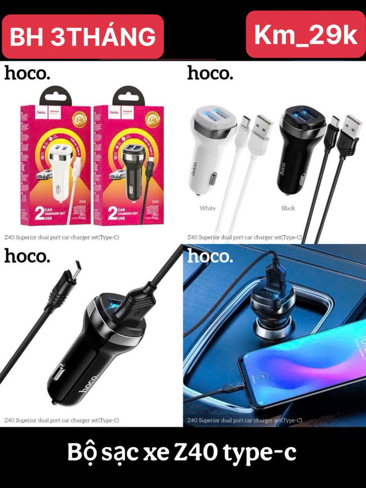Tẩu sạc nhanh 2.4A Hoco Z40 Type C tẩu 2 cổng sạc usb có led kèm theo cáp Type C chính hãng [BH 3 tháng]