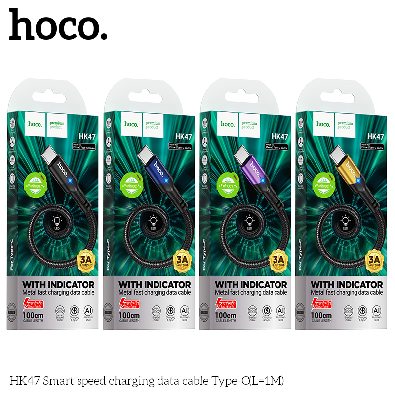 Cáp sạc nhanh typec 3A Hoco HK47 1M có đèn led báo sạc (usb ra type-c 1 mét) chính hãng [BH 1 NĂM]