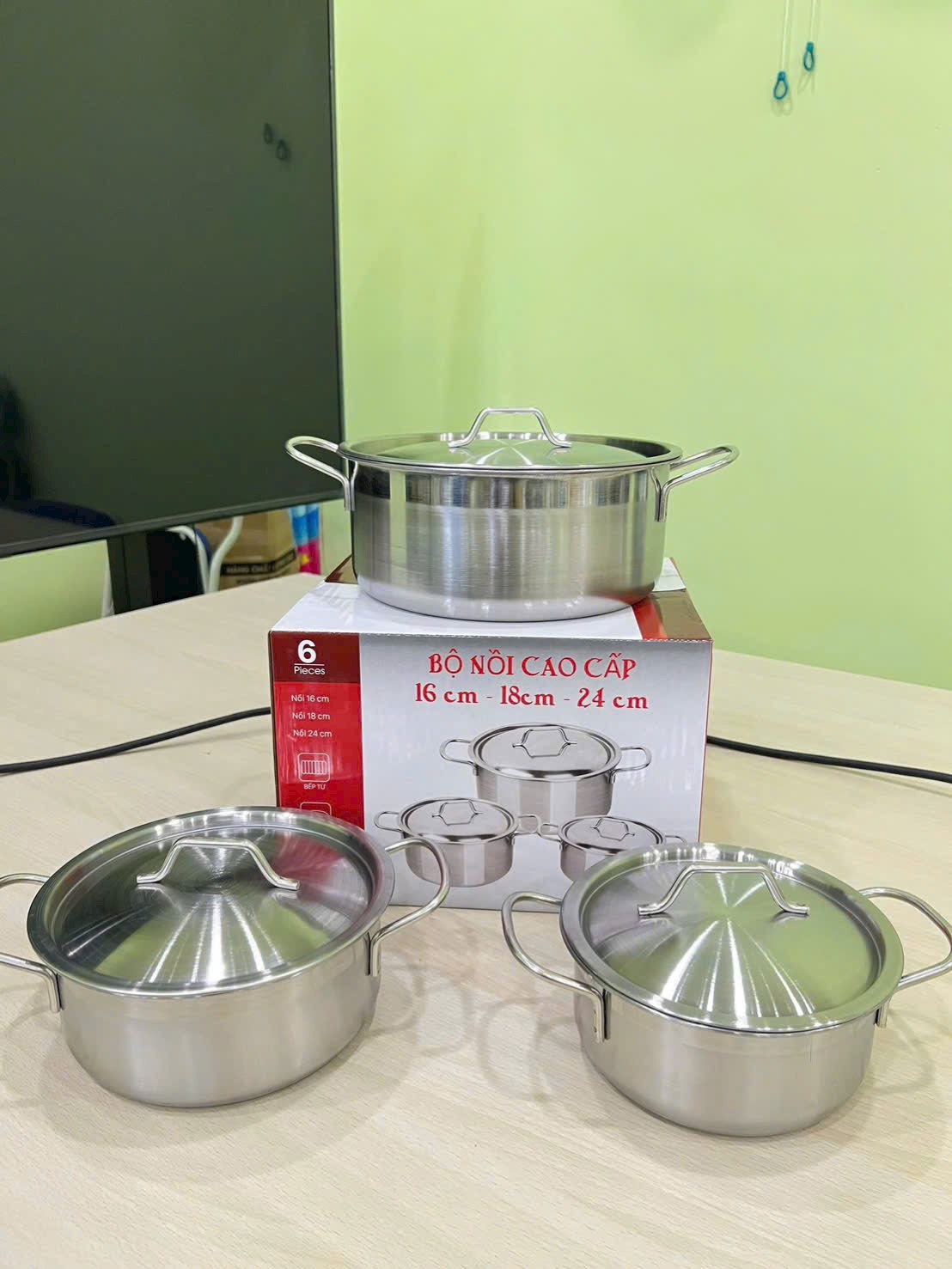 Bộ 3 nồi kèm nắp inox xịn size 16 18 24cm sử dụng được bếp từ, bếp điện, bếp ga [BH: NONE]