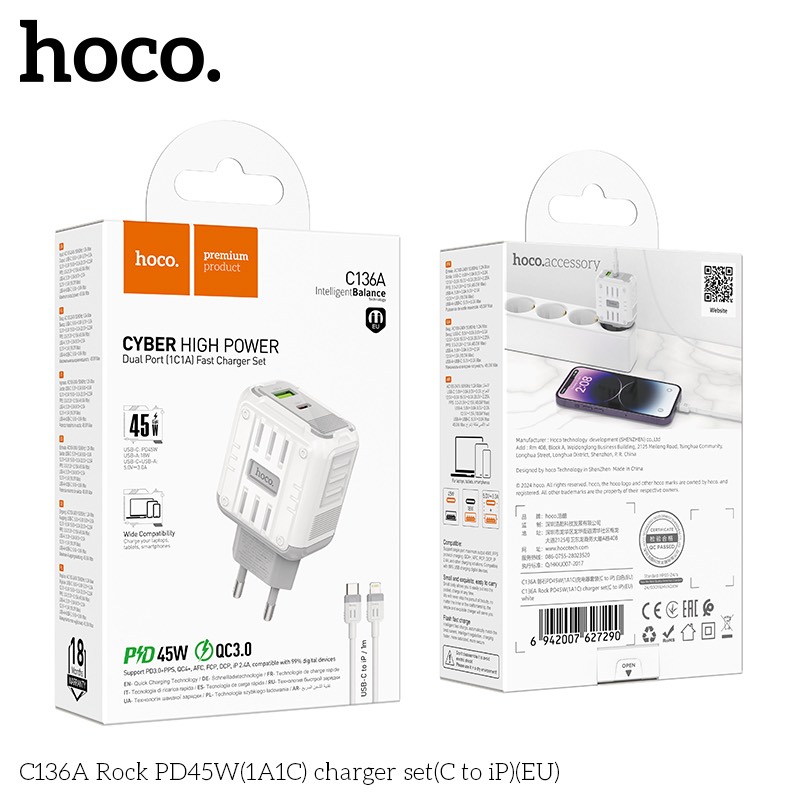 Bộ sạc nhanh 45w HOCO C136A (c-l) cóc 2 cổng 1U 1C kèm cáp  Type C ra Lightning iPhone chính hãng