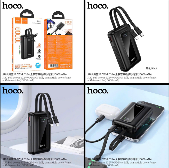 Pin sạc dự phòng HOCO J162 10.000mAh sạc nhanh 22.5w pin có màn hình LCD kèm 2 cáp liền pin siêu tiện lợi