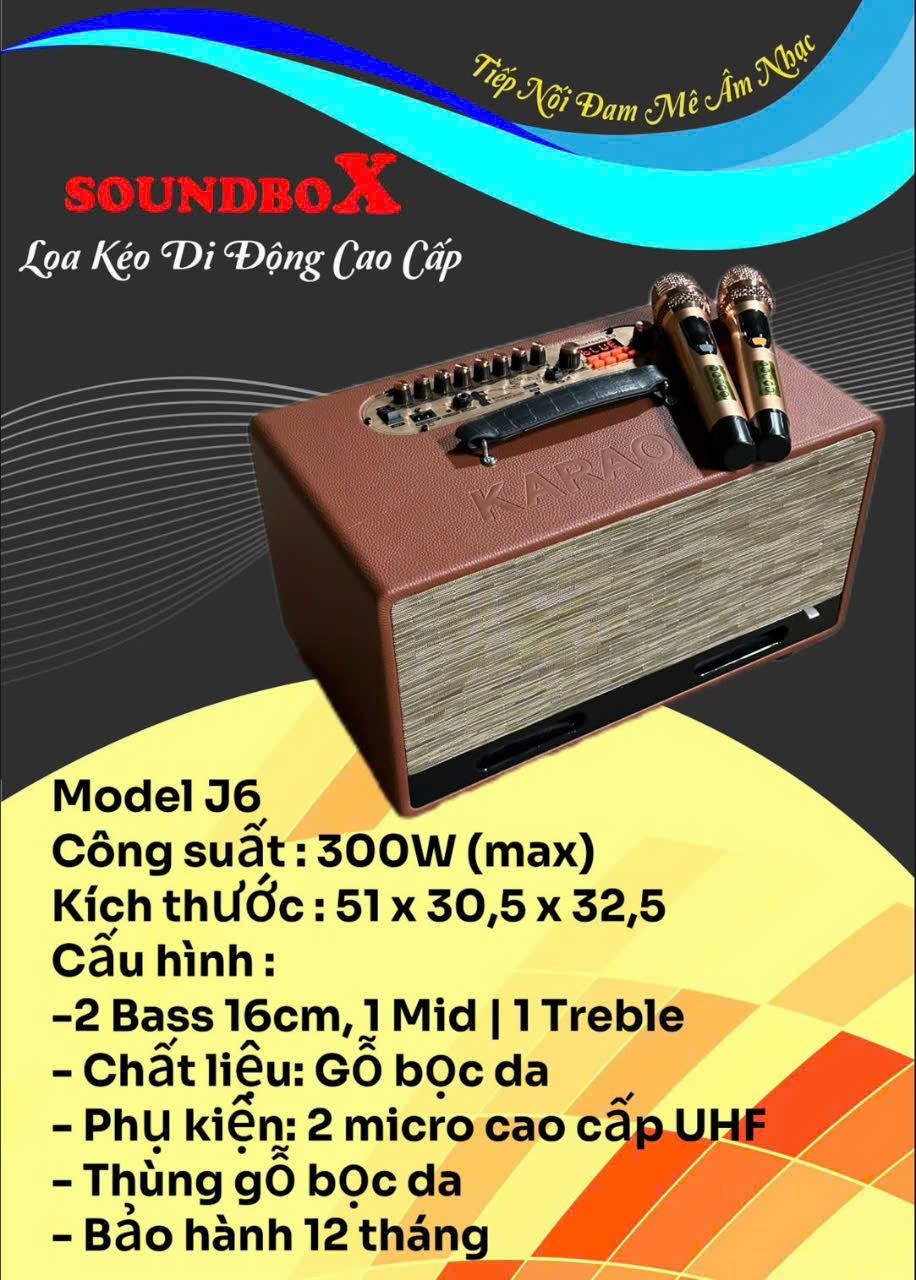 Loa bluetooth karaoke SOUNDBOX J6 loa GỖ bọc da cao cấp kèm 2 micro chống hú