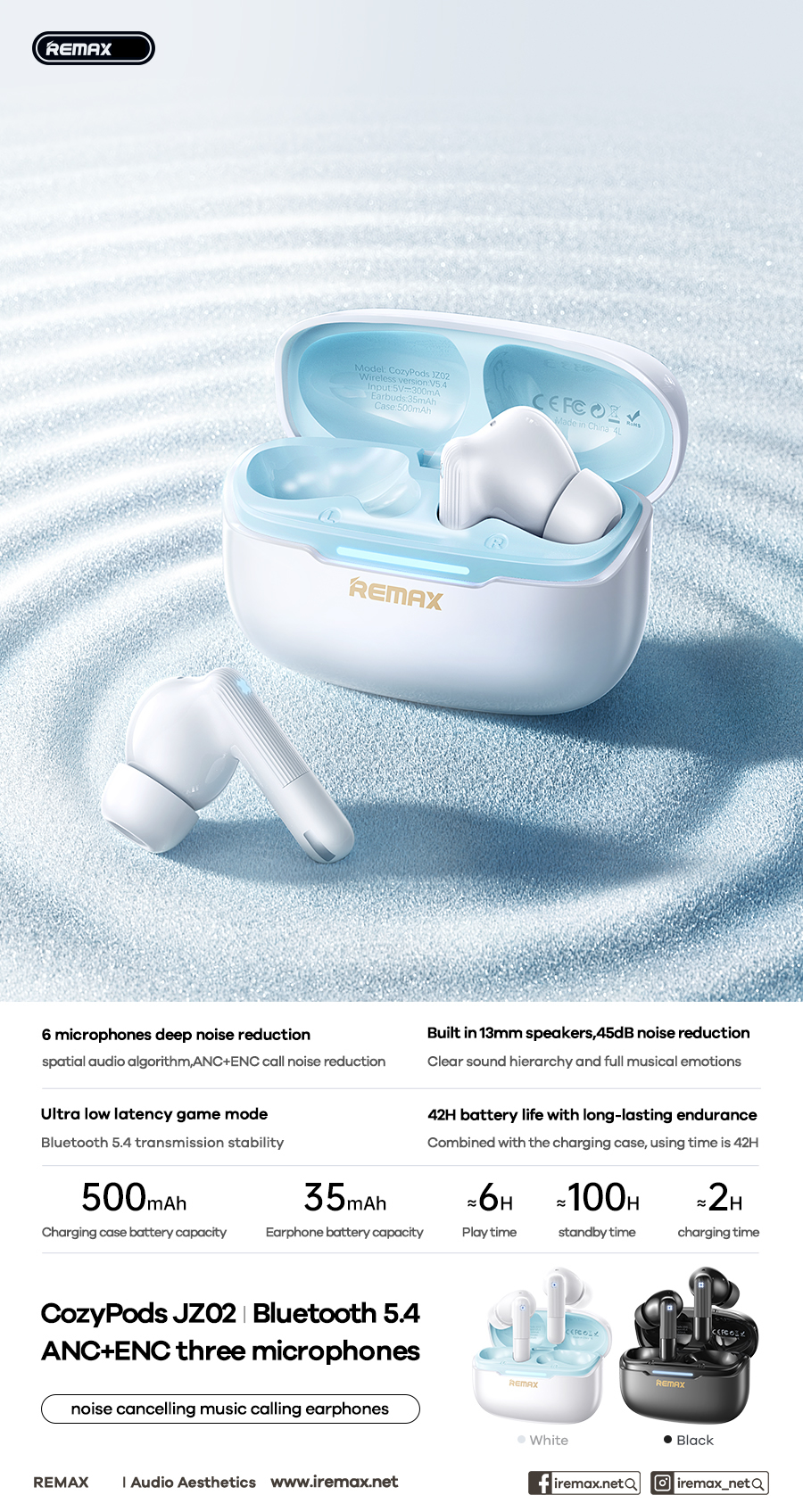 Tai nghe bluetooth REMAX COZYPODS JZ02 tai có chống ồn ANC kèm đèn led siêu đẹp
