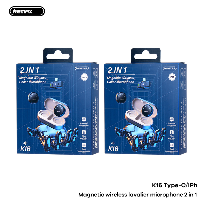 Micro thu âm không dây REMAX K16 IPHONE 2 micro kèm dock sạc 70mAh/500mAh chính hãng [BH 1 Năm]