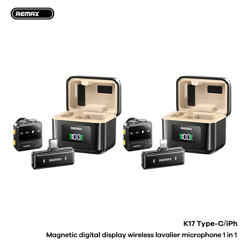 Micro thu âm không dây REMAX K17 IPHONE 1 micro kèm dock sạc có hiển thị phần trăm pin 80mAh/300mAh chính hãng [BH 1 Năm]