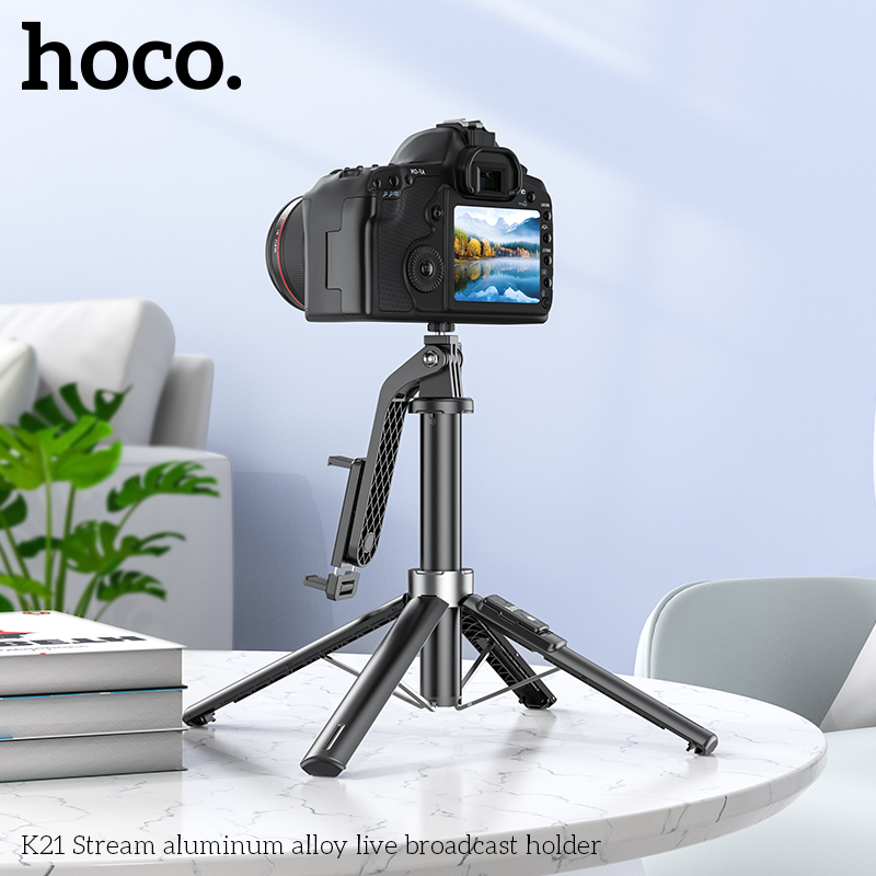 Gậy 3 chân 2 in 1 Hoco K21 kiêm đỡ điện thoại và máy ảnh cao 137cm kèm remote chụp ảnh chính hãng [BH 1 Năm][Pin remote không bảo hành]
