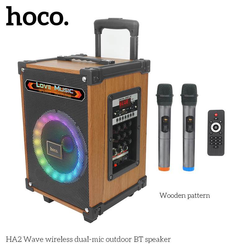 Loa kéo hát karaoke HOCO HA2 có đèn led LOVE MUSIC chính hãng bluetooth tặng kèm 2 micro không dây [BH: 1 NĂM]