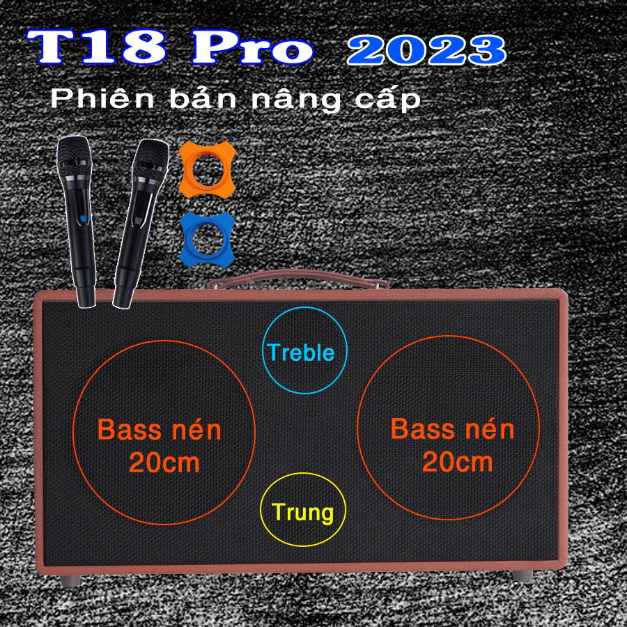 Loa kéo di động T18 PRO loa 2 Bass thùng gỗ kèm 2 micro vỏ nhôm UHF siêu hút không dây hát karaoke siêu hay thùng gỗ [BH 6 tháng]
