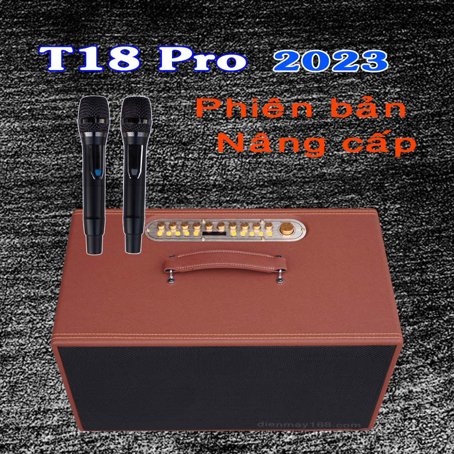 Loa kéo di động T18 PRO loa 2 Bass thùng gỗ kèm 2 micro vỏ nhôm UHF siêu hút không dây hát karaoke siêu hay thùng gỗ [BH 6 tháng]