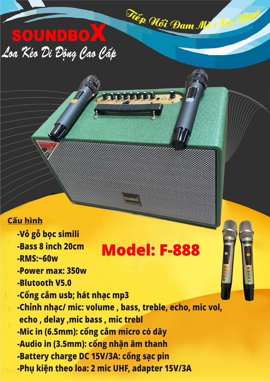 Loa xách tay SoundBox F888 bass 20 chính hãng kèm 2 micro không dây [BH 6 tháng]