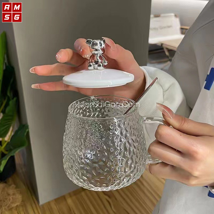 Ly đựng nước thuỷ tinh nắp gấu kèm muỗng / ống hút 500ml siêu sang [BH: NONE]