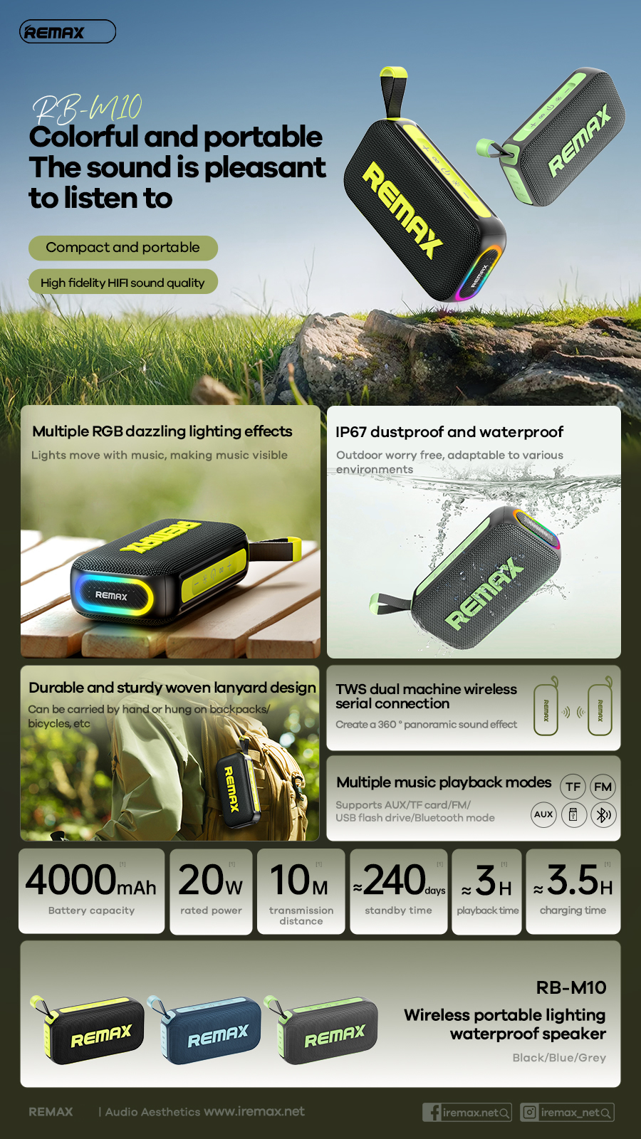 Loa bluetooth REMAX RB-M10 công suất 20w pin 4000mAh siêu trâu có móc siêu đẹp [Bh 1 Năm]